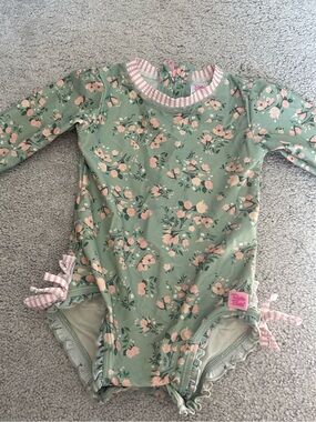 Ruffle Butts Girls' Long-Sleeve Floral One-Piece Swimsuit - Sage Green